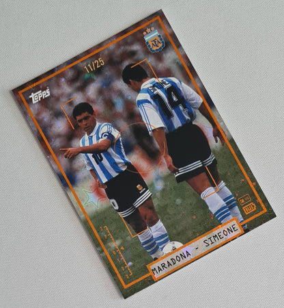 Diego Maradona & Diego Simeone - 2025 Topps Focus Argentina Full Bleed Orange AFA Starballer /25 #35