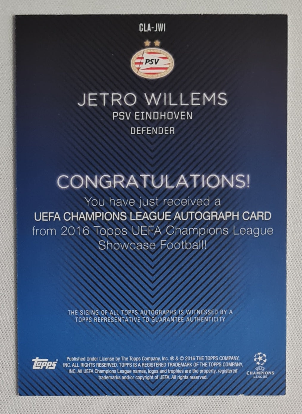 Jetro Willems - 2016 Topps UCL Showcase Football Auto #CLA-JWI PSV Eindhoven