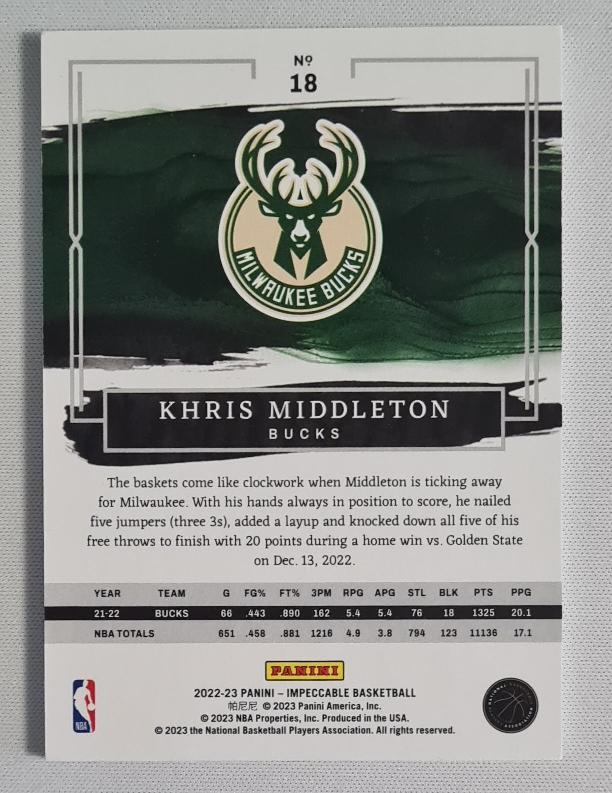 Khris Middleton - 2022/23 Panini Impeccable /99 #18 Milwaukee Bucks