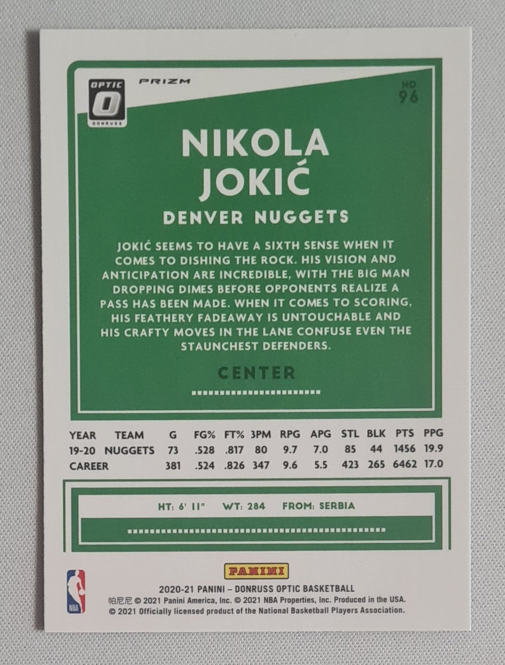 Nikola Jokic - 2020/21 Panini Donruss Optic Purple Prizm #96 Denver Nuggets