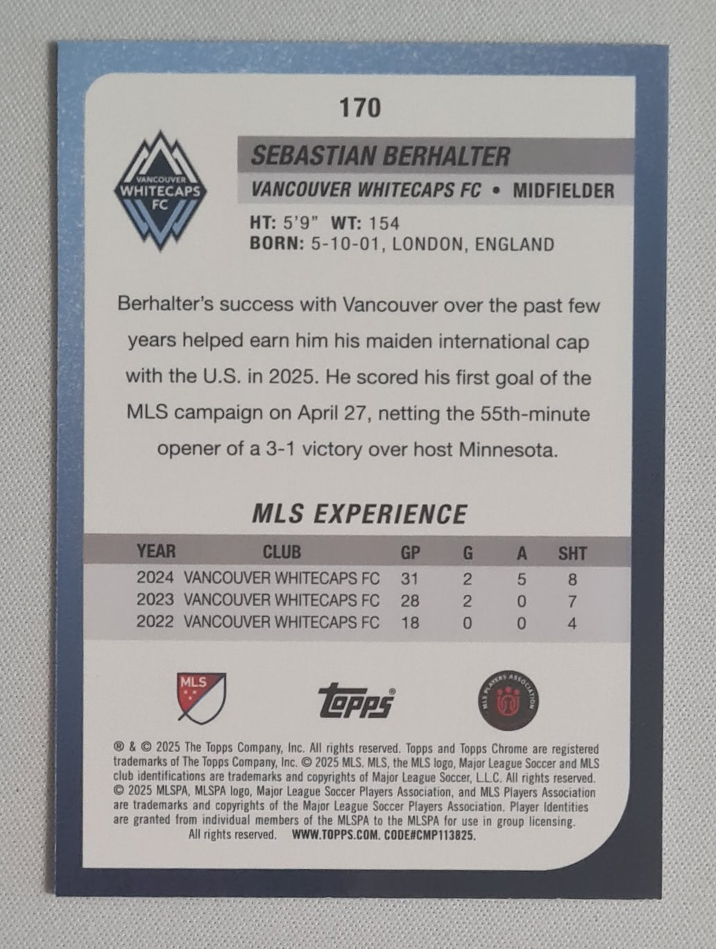 Sebastian Berhalter - 2025 Topps Chrome Sapphire MLS #170 Vancouver Whitecaps FC