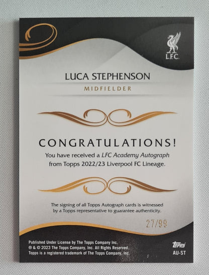 Luca Stephenson - 2022/23 Topps Liverpool FC Lineage Academy Autograph Teal /99 #AU-ST
