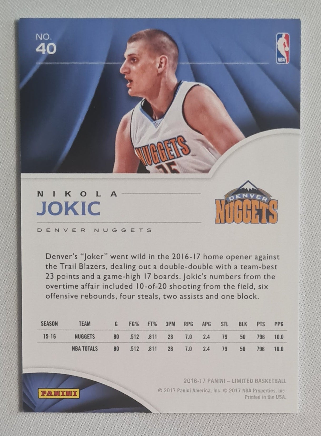 Nikola Jokic - 2016/17 Panini Limited /49 #40 Denver Nuggets