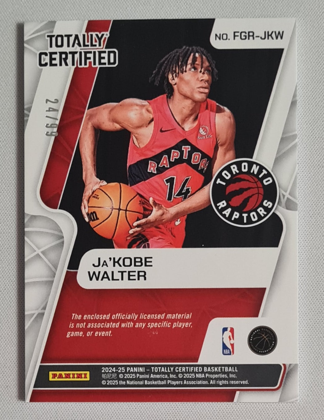 Ja'Kobe Walter - 2024/25 Panini Totally Certified Fabric of the Game /99 #FGR-JKW Toronto Raptors