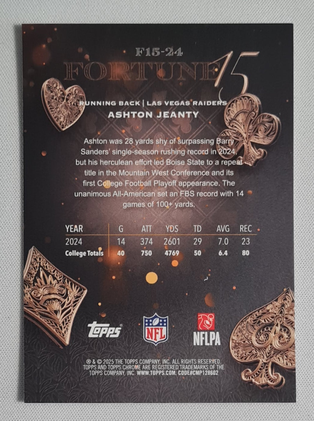 Ashton Jeanty - 2025 Topps Chrome NFL Fortune 15 #F15-24 Las Vegas Raiders