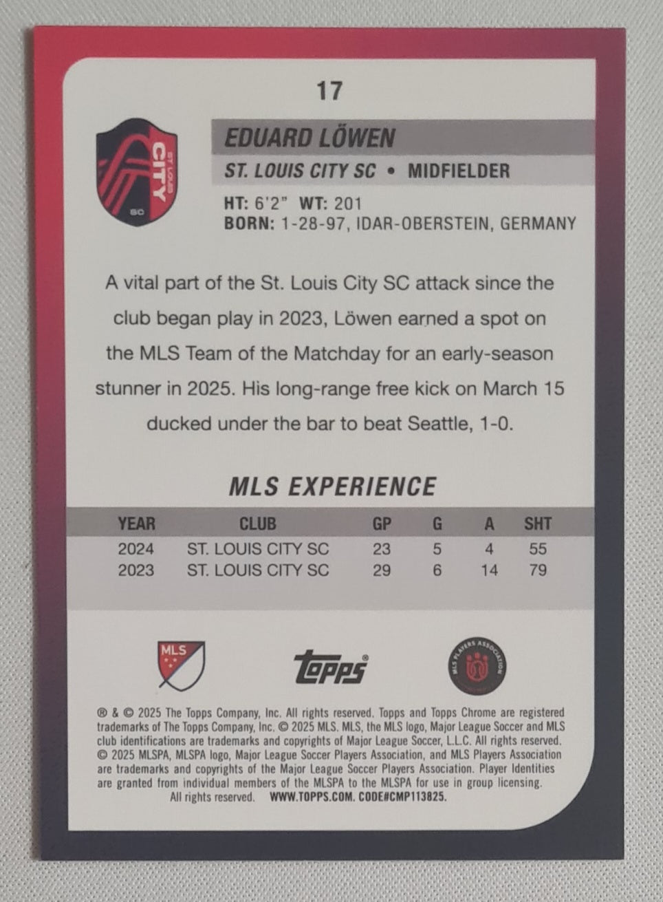 Eduard Lowen - 2025 Topps Chrome MLS Gold Ice /50 #17 St Louis City