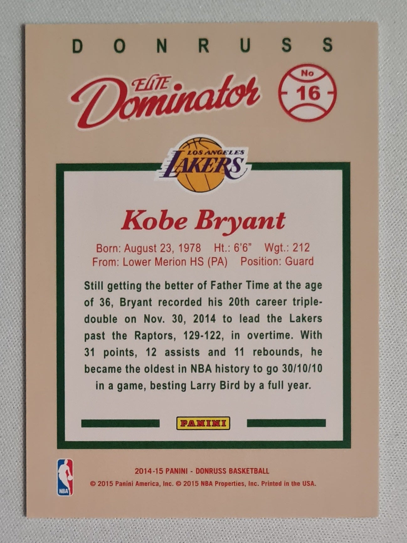 Kobe Bryant - 2014/15 Panini Donruss NBA Dominators Elite Green /999 #16 Los Angeles Lakers