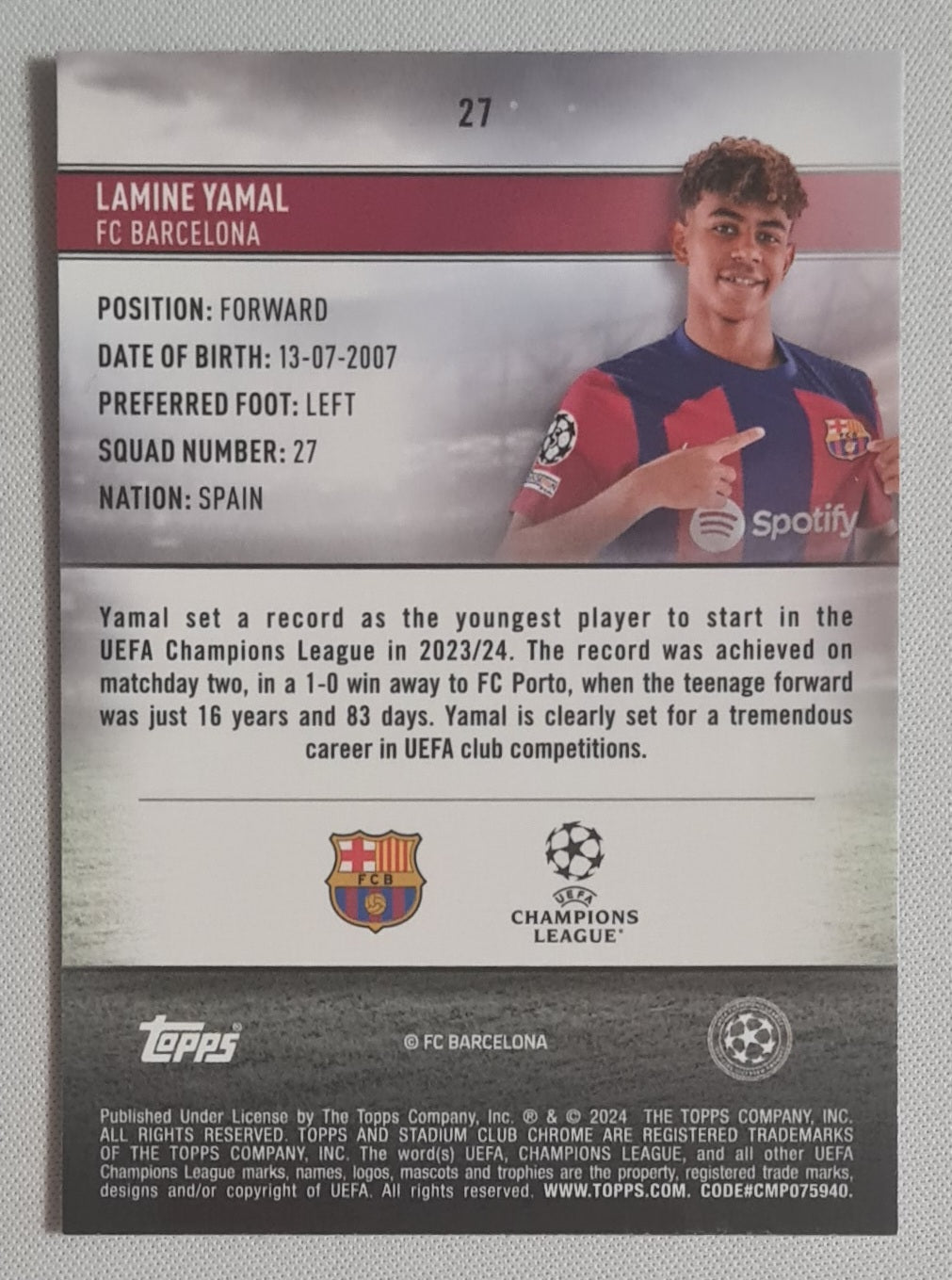 Lamine Yamal - 2023/24 Topps Stadium Club Chrome #27 FC Barcelona