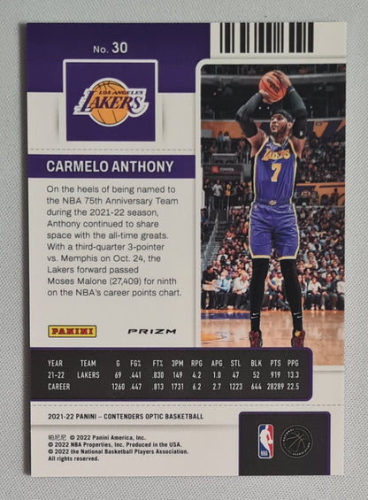 Carmelo Anthony - 2021/22 Panini Contenders Optic Season Ticket #30 Los Angeles Lakers