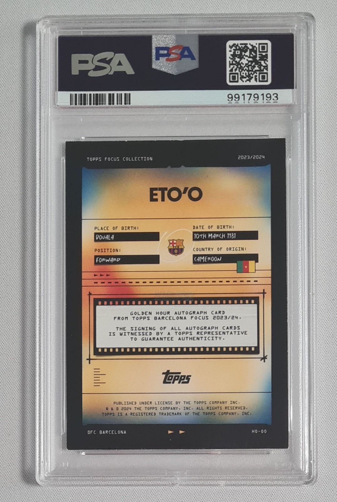 Samuel Eto'o - 2023/24 Topps Focus FC Barcelona Golden Hour Autograph PSA 7 AUTO 10 #HOOO