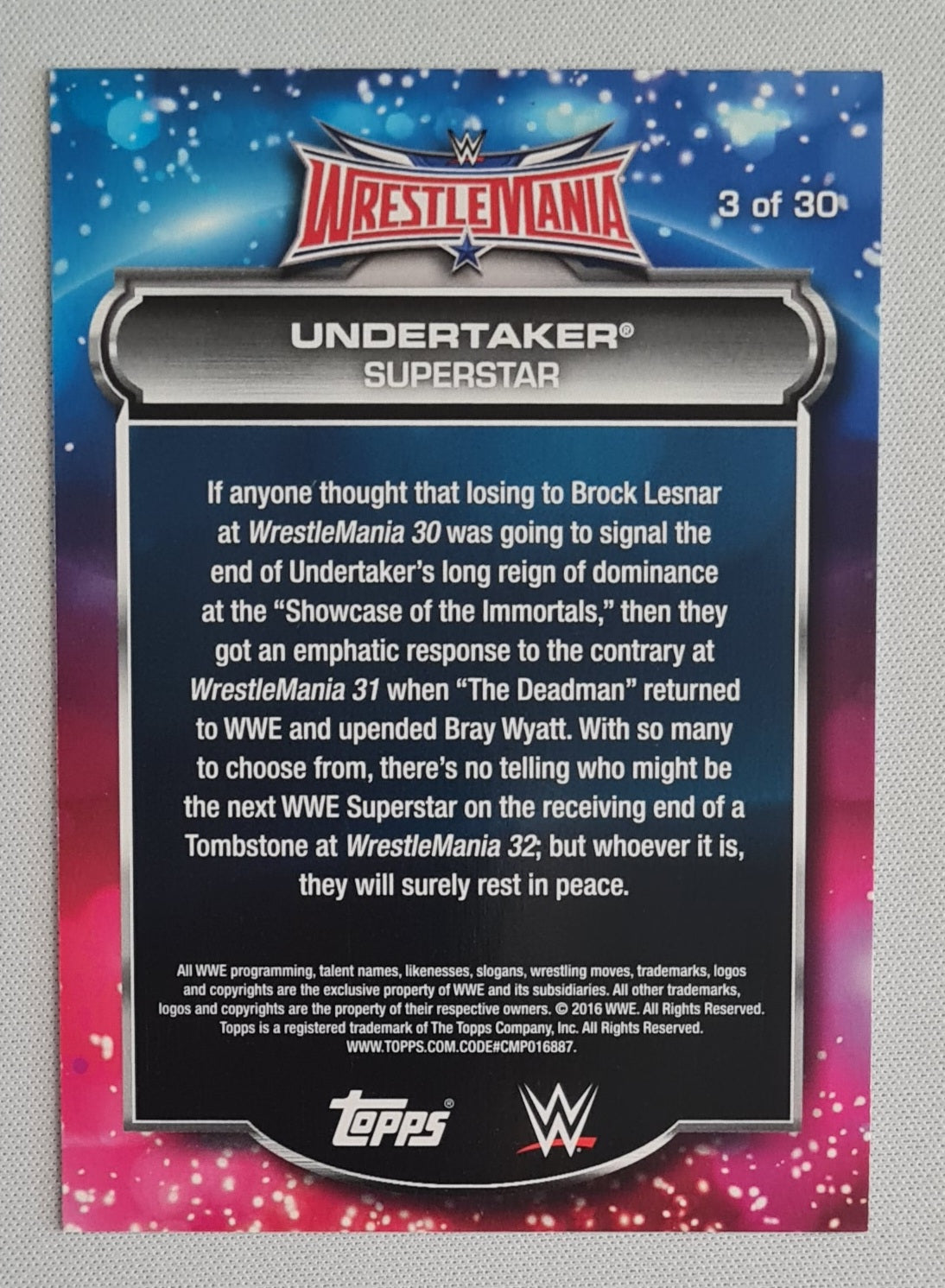 Undertaker - 2016 Topps WWE Wrestlemania Superstar #3