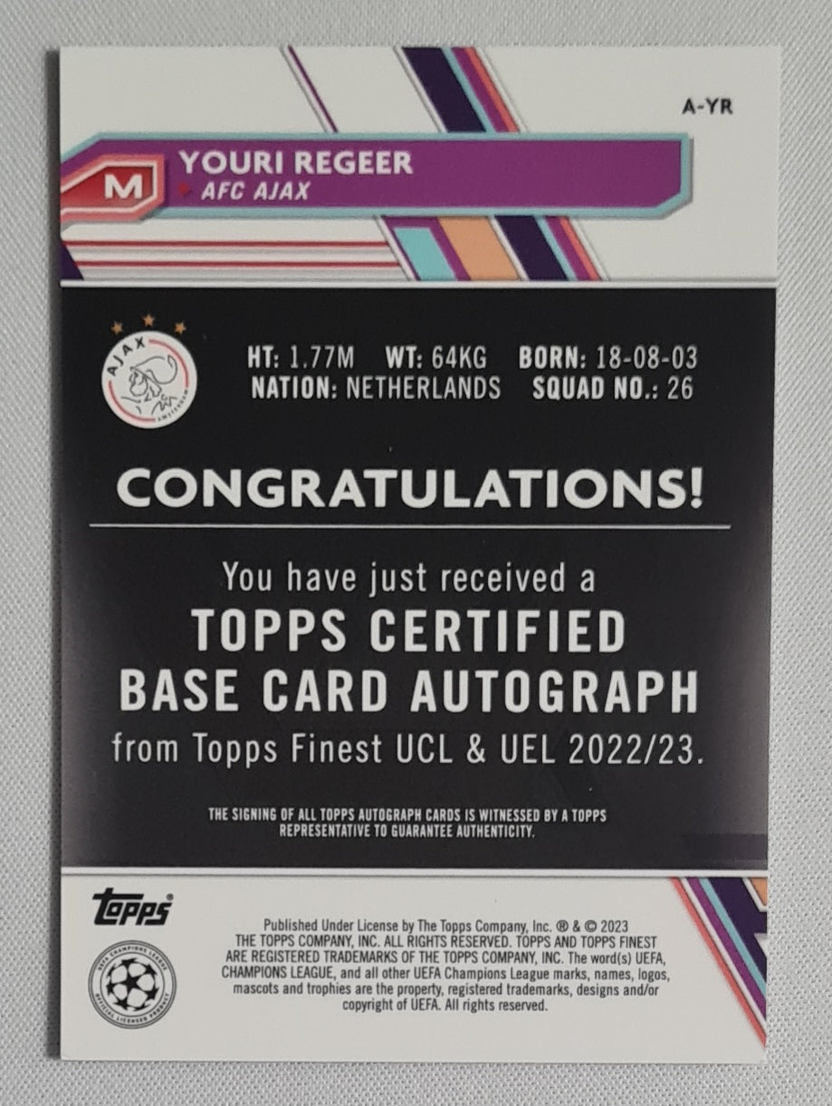 Youri Regeer - 2022/23 Topps Finest UCL Autograph #A-YR AFC Ajax