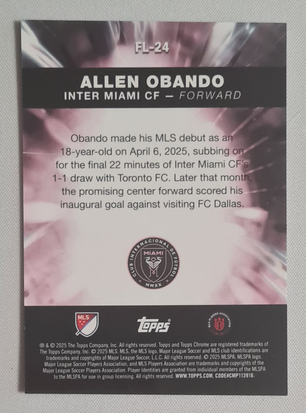 Allen Obando - 2025 Topps Chrome Sapphire MLS Fast Lane #FL-24 Inter Miami FC