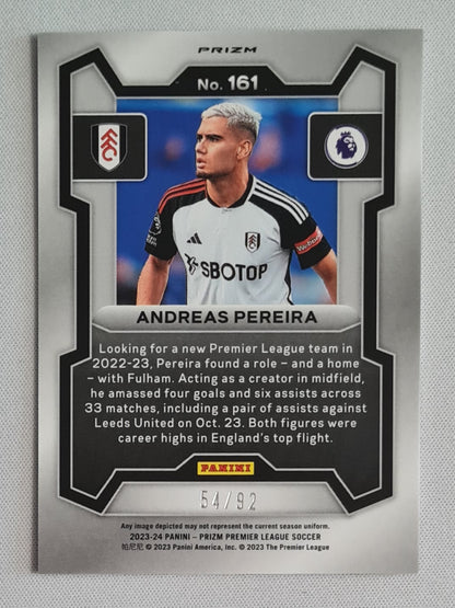 Andreas Pereira - 2023/24 Panini Prizm Premier League Soccer Purple and White Stripes Prizm /92 #161 Fulham FC