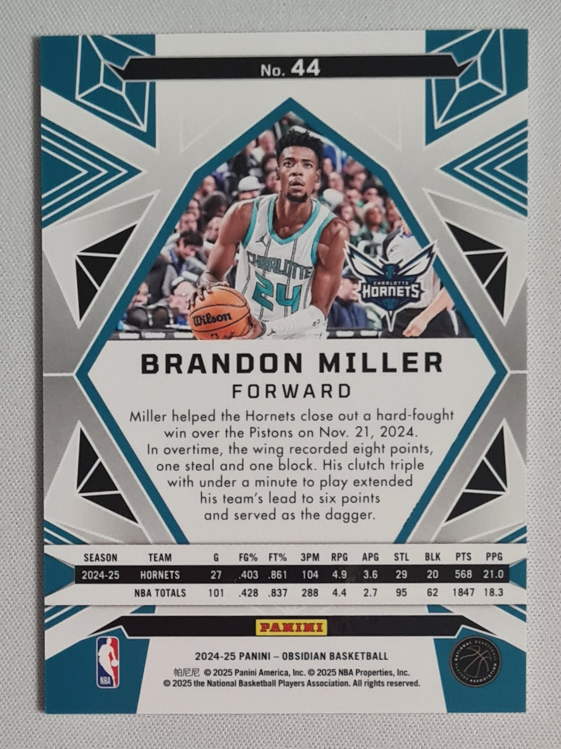 Brandon Miller - 2024/25 Panini Obsidian Red Etch Flood #44 Charlotte Hornets