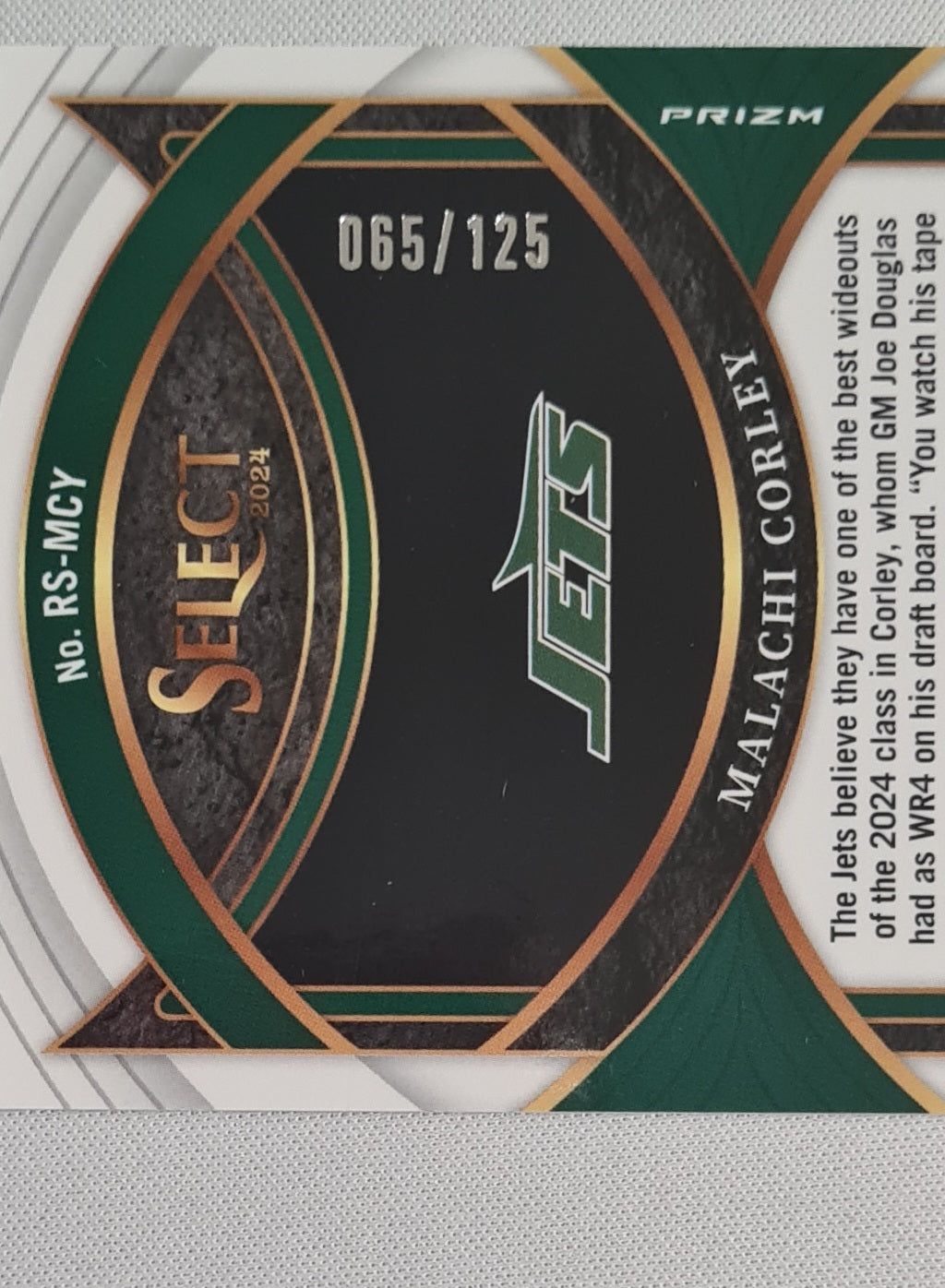 Malachi Corley - 2024 Panini Select Rookie Swatches /125 #RS-MCY New York Jets