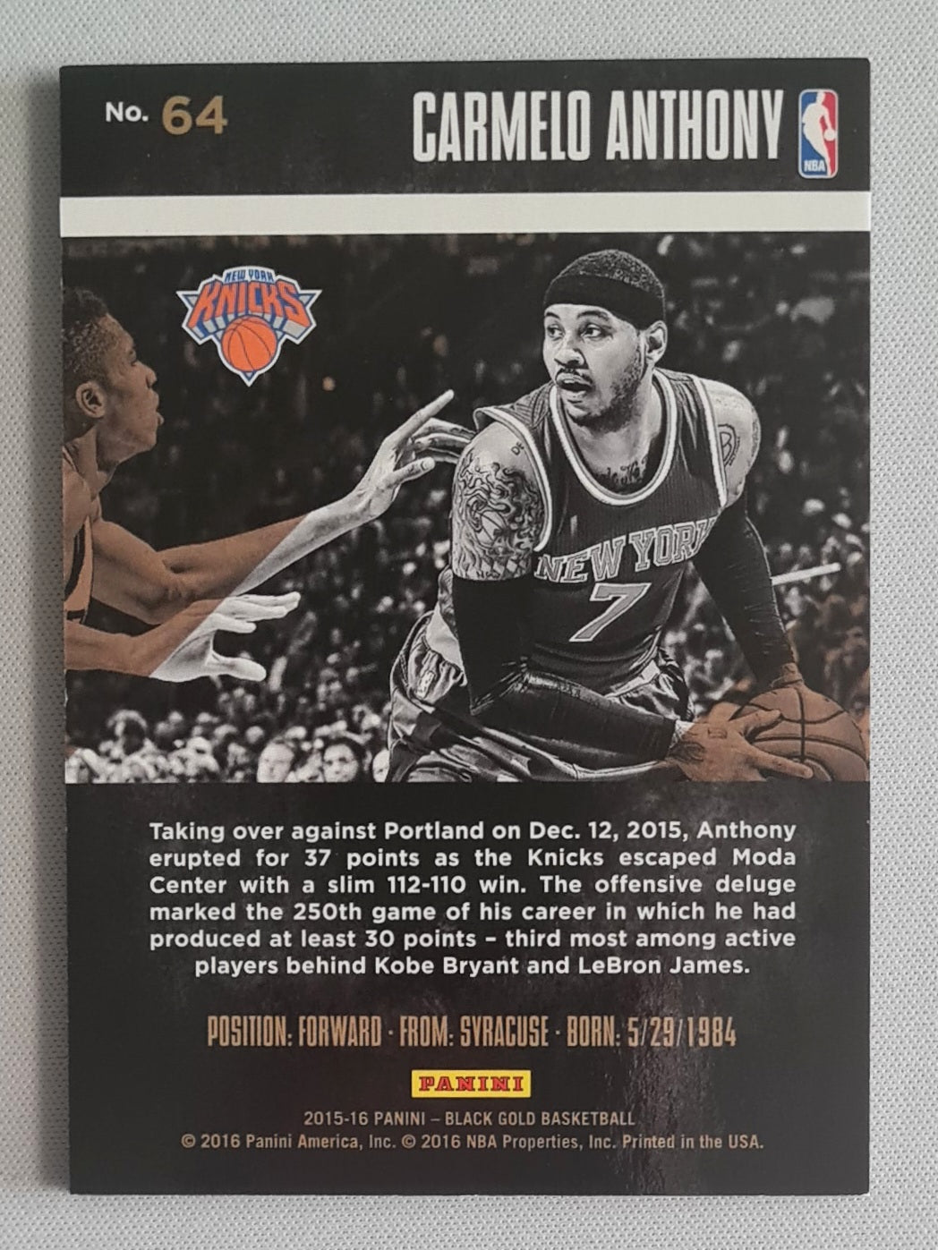 Carmelo Anthony - 2015/16 Panini Black Gold #64 New York Knicks