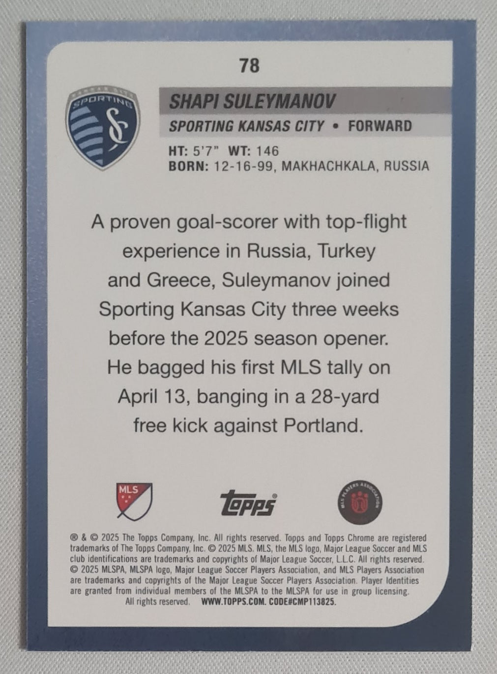 Shapi Suleymanov - 2025 Topps Chrome Sapphire MLS #78 Sporting Kansas City