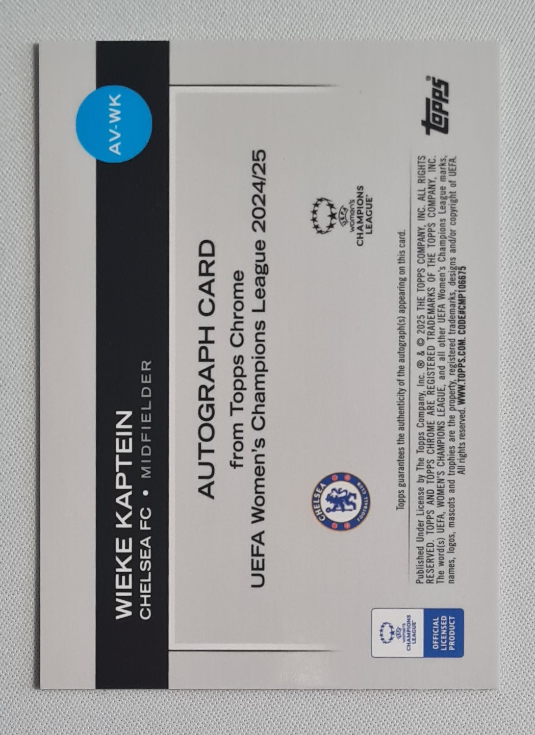 Wieke Kaptein - 2024/25 Topps Chrome UEFA Womens CL Auto Orange /25 #AV-WK Chelsea FC