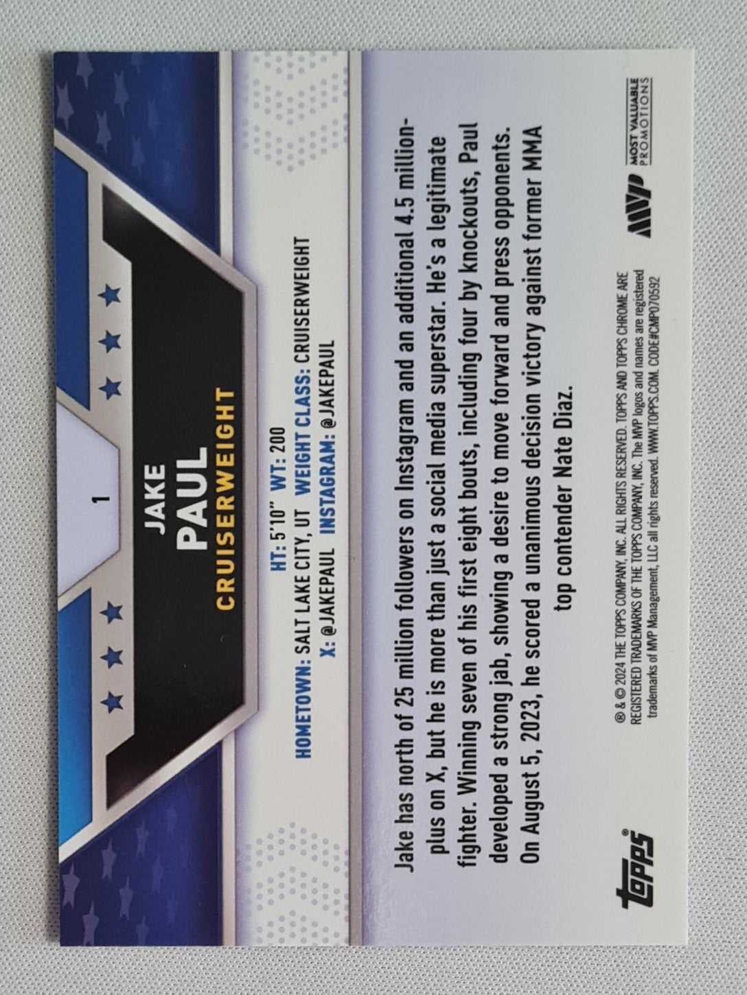 Jake Paul - 2024 Topps Chrome Boxing Hyper Refractor #1